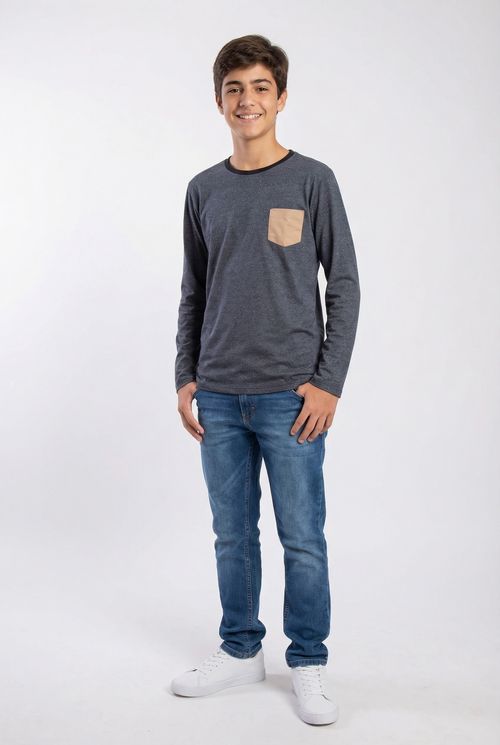 Camiseta Manga Longa Juvenil Grafite Bolso Caramelo