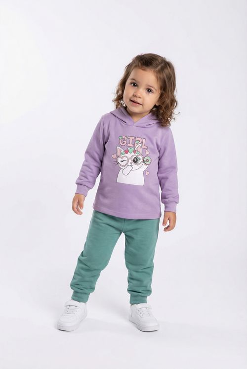 Moletom Infantil Menina Lilás Gatinha de Óculos e GIRL