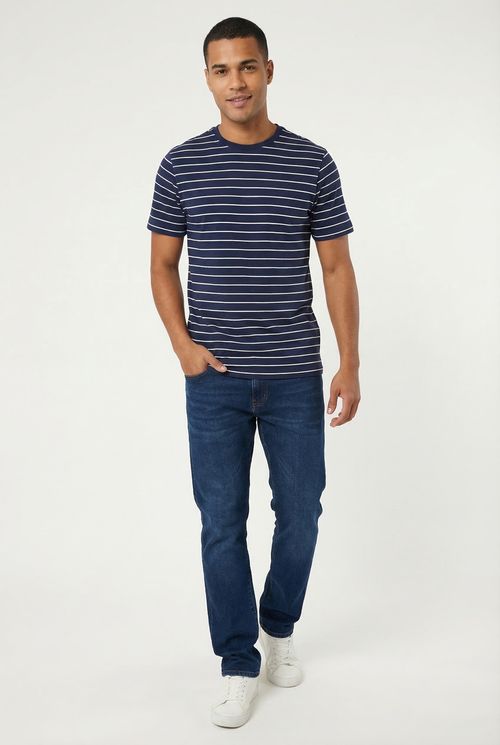 Camiseta Masculina Azul Marinho e Branca Listrada