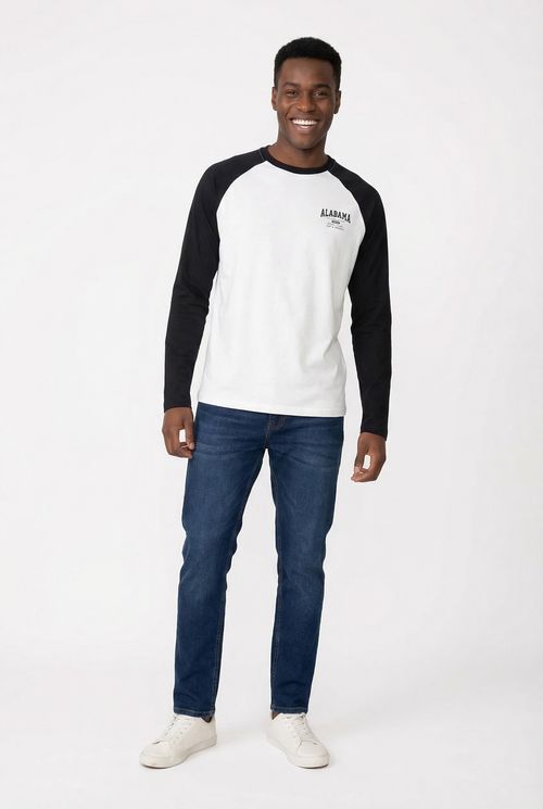 Camiseta Masculina Raglan Manga Longa Preto e Branco Alabama