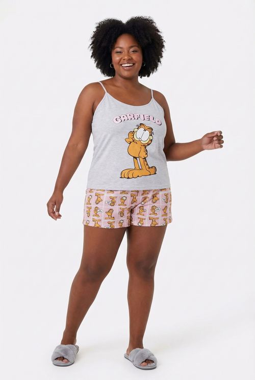 Pijama Curto Feminino Cinza Mescla e Rosa Garfield