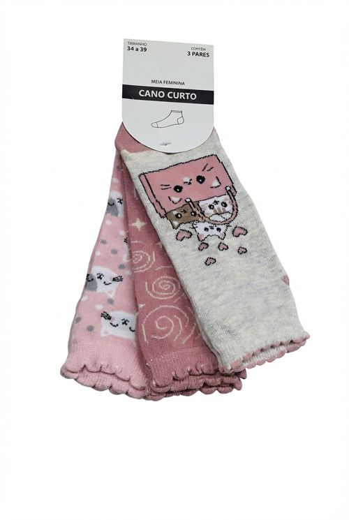 Meias Femininas Cano Curto Estampa Gatinhos Kit 3 Pares