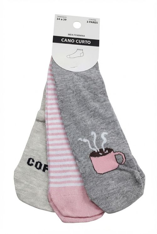 Kit 3 Meias Femininas Cano Curto Estampas Café e Listras