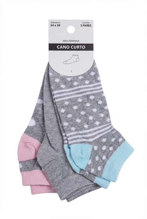Kit 3 Pares Meias Cano Curto Femininas Multicor Poá e Listras