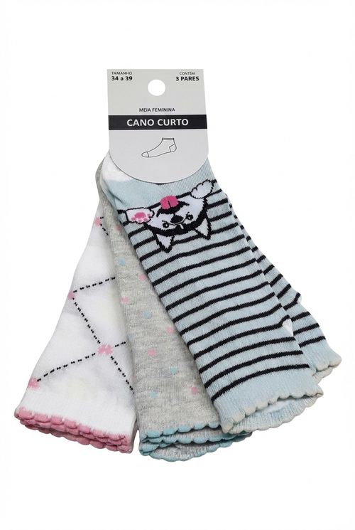 Kit 3 Pares Meias Femininas Cano Curto Estampas