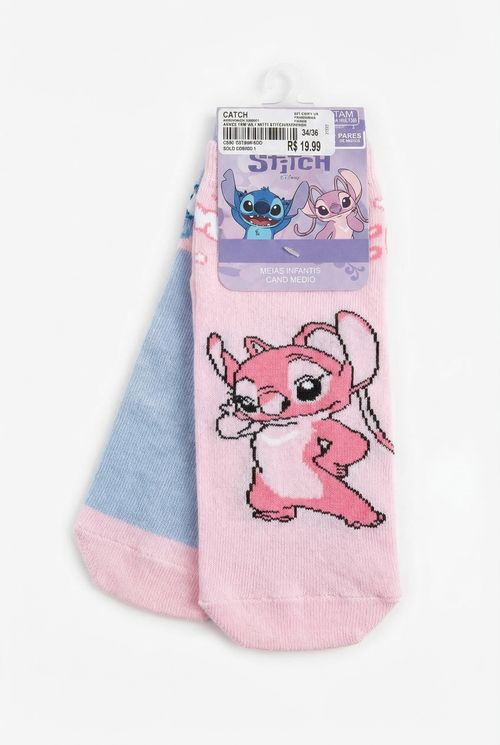 Meias Infantil Menina Rosa e Azul Estampa Stitch e Angel