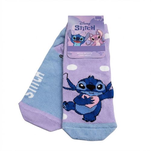 Meias Infantil Menina Lilás e Azul Stitch Coração Poá