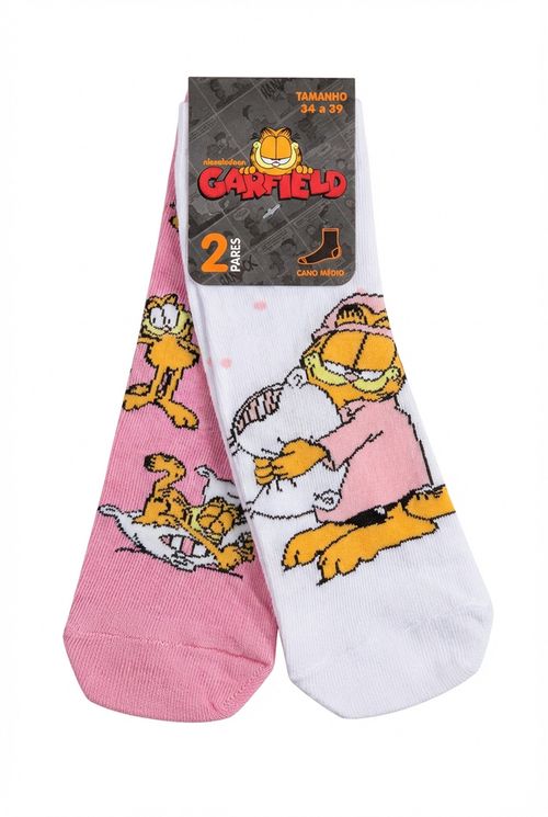 Kit Meias Femininas Branco e Rosa Garfield