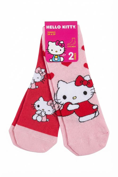 Meias Infantil Menina Rosa e Vermelho 34-39 Hello Kitty Corações