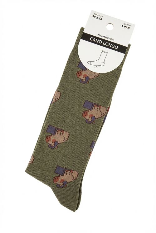 Meia Masculina Verde Militar Estampa Workwear