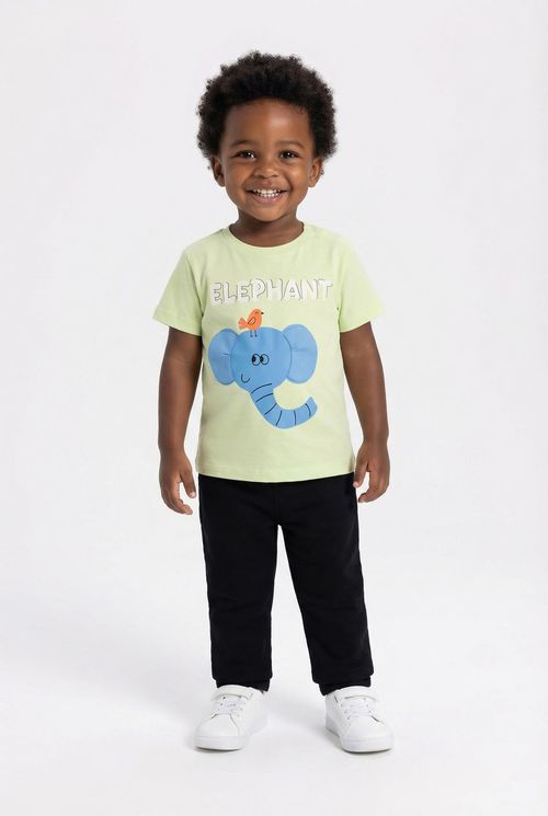 Camiseta Infantil Unissex Verde Claro Elefante Fofo e Passarinho