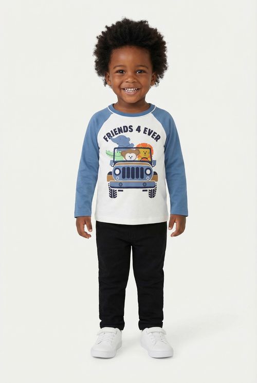 Camiseta Manga Longa Infantil Menino Off White/Azul Jeep Animais