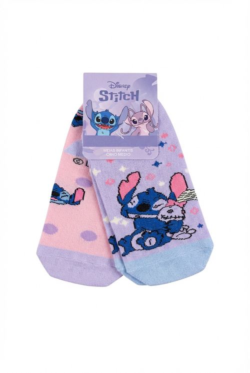 Meias Infantil Menina Roxo Rosa Stitch e Angel Kit 2 Pares
