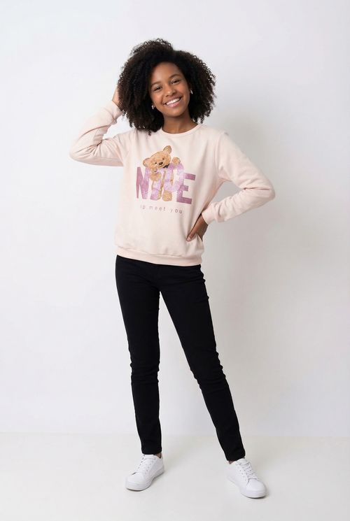 Moletom Infantil Menina Rosa Claro Juvenil Urso Teddy Brilho