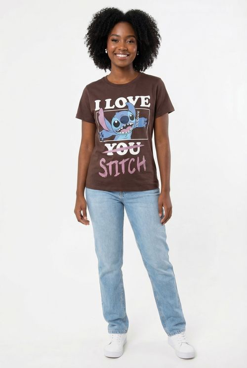 Camiseta fem promo mc lic stitch love ma marrom escuro
