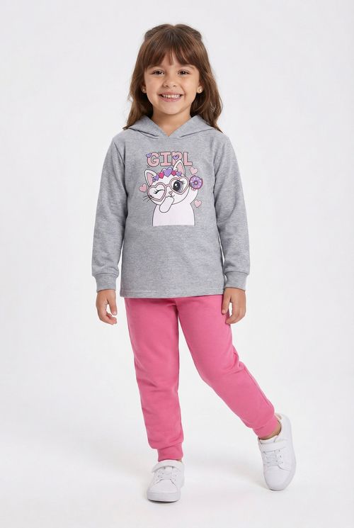 Conjunto Infantil Menina Cinza Mescla Rosa Gatinha Fashion