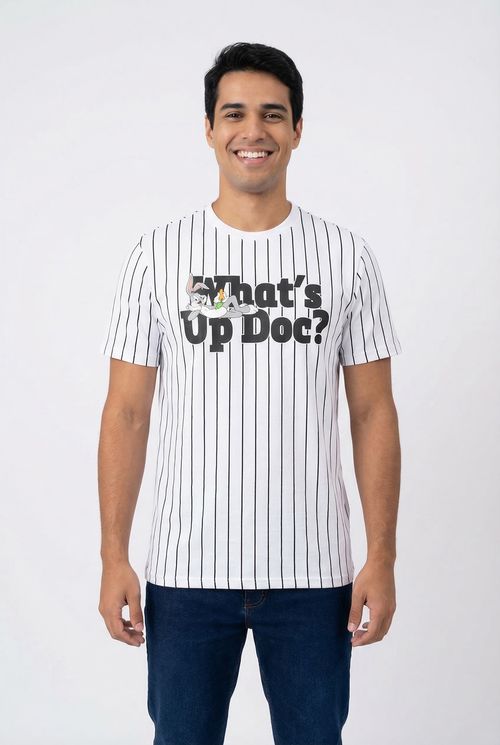 Camiseta Masculina Branca Pernalonga 'What's Up Doc?' Listrada