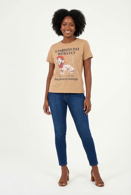 Blusa Feminina Bege 'A Parisian Day with Lucy' Cachorro Francês