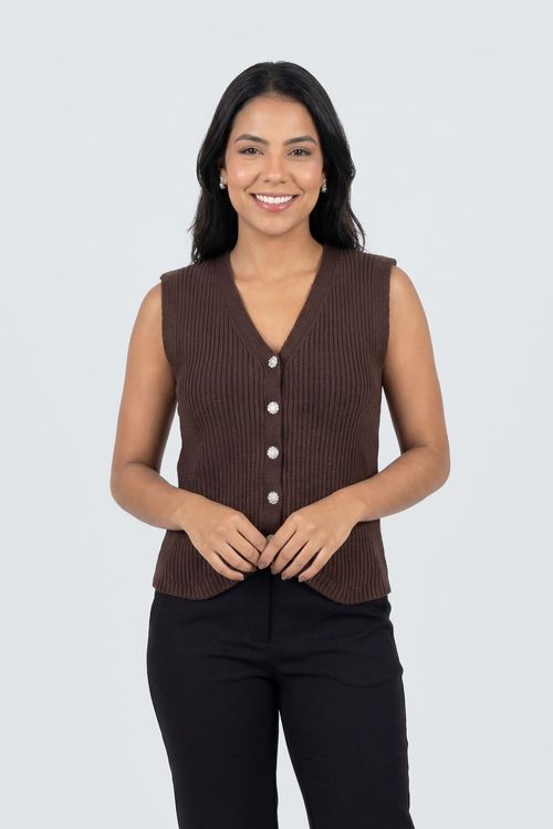 Colete fem rom fro003 tricot marrom marrom escuro