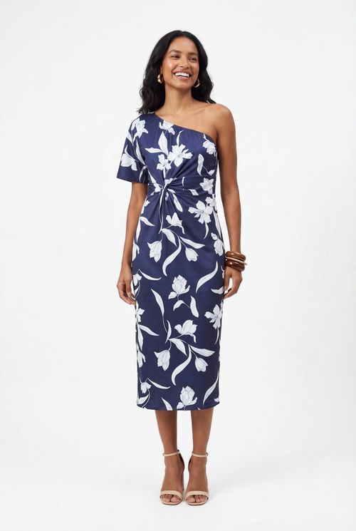 Vestido Longo Feminino Azul Marinho Floral