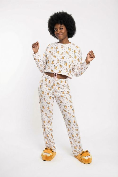 Conjunto Pijama Feminino Garfield Cropped Manga Longa e Calça