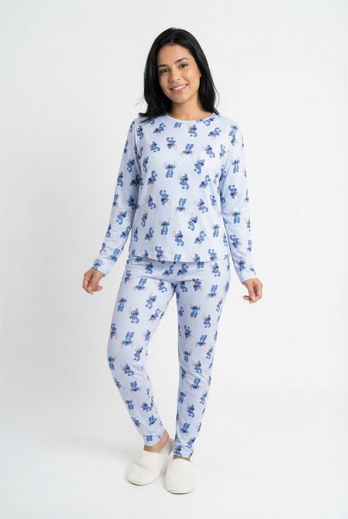 Pijama Longo Feminino Azul Claro Estampa Stitch