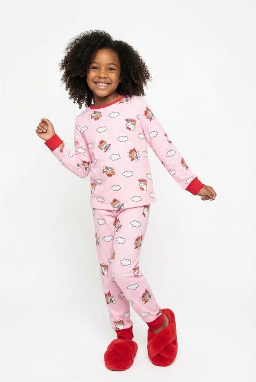 Pijama Infantil Menina Rosa Veludo Hello Kitty Voadora Nuvens