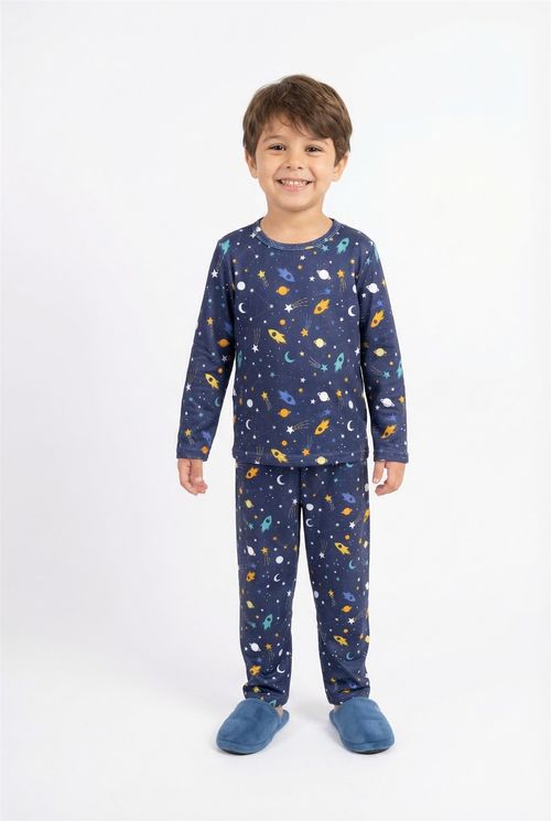 Pijama Infantil Menino Azul Escuro Foguetes Espaciais