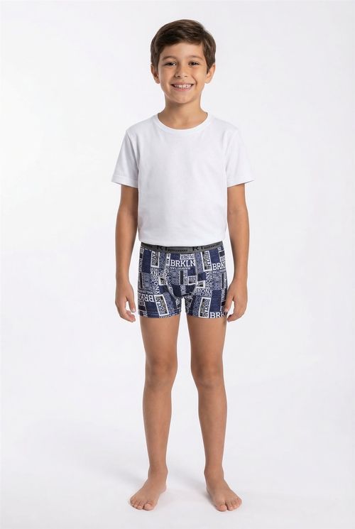 Cueca Boxer Infantil Menino Azul Escuro e Branco Estampada