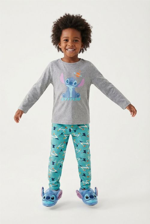 Conjunto Pijama Infantil Cinza Mescla Claro Azul Celeste Stitch