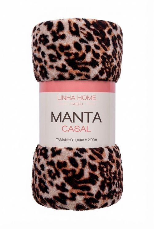 Manta Casal Pelúcia Creme Estampa Onça