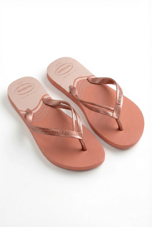 Chinelo Feminino Rosê Dourado Metálico Estampa Ondas