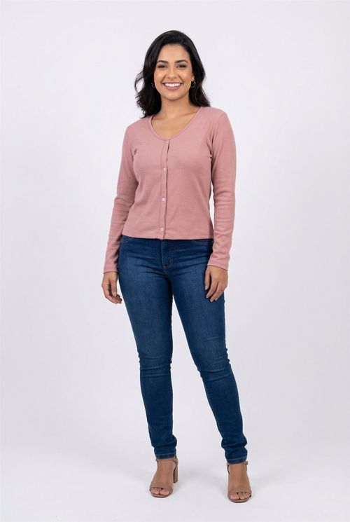 Cardigan fem cas ribana peludinha rosa rosa claro