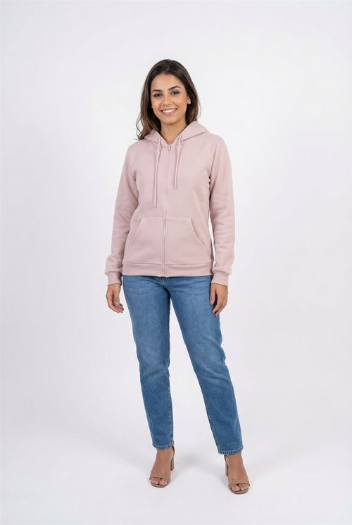 Moletom Feminino Rosa Médio com Zíper e Capuz