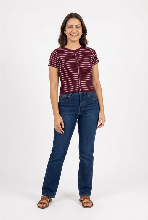 Blusa fem rom frl186 m/c tricot listras vermelho escuro