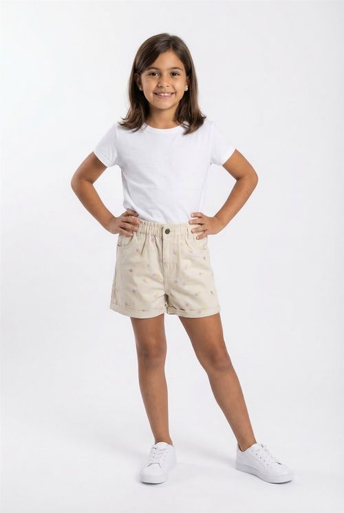 Shorts Infantil Menina Bege Claro Sorvetes Bordados