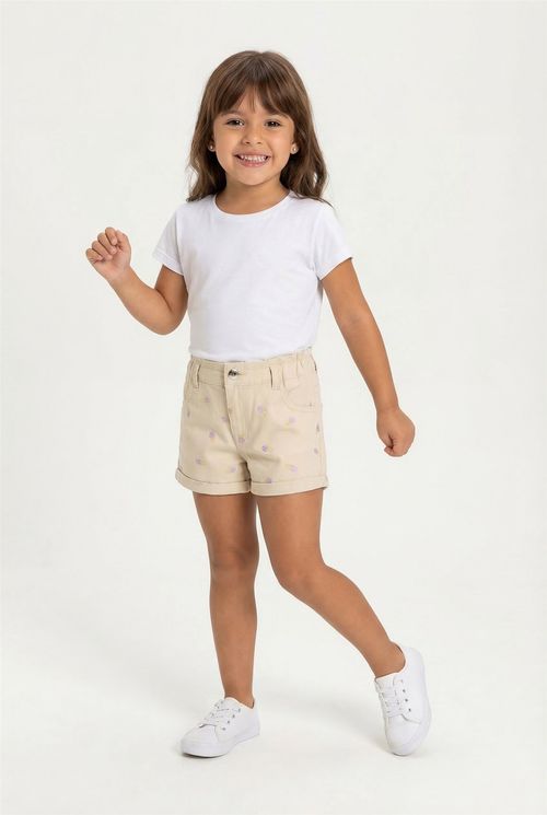 Shorts Infantil Menina Bege Claro Bordado Sorvetes