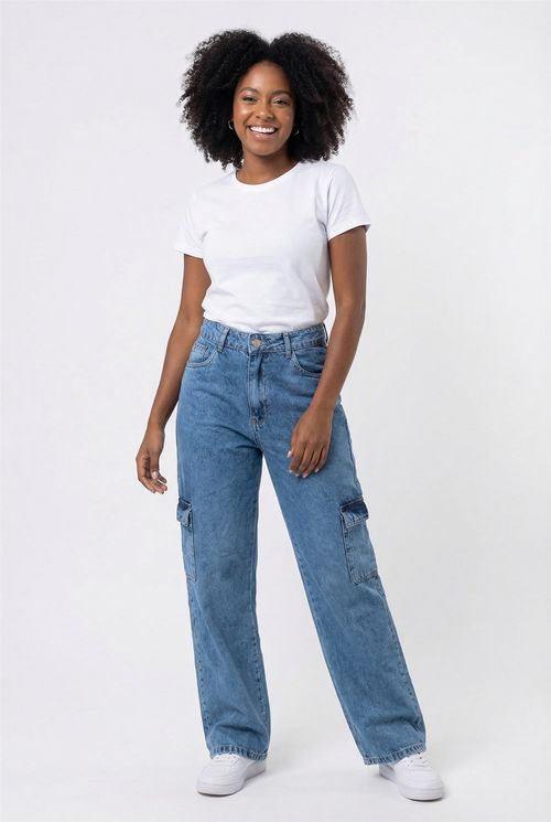 Calça Jeans Wide Leg Cargo Feminina Azul Médio