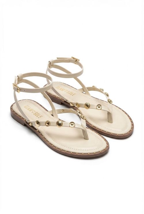 Rasteira Gladiadora Feminina Off White com Tachas Douradas