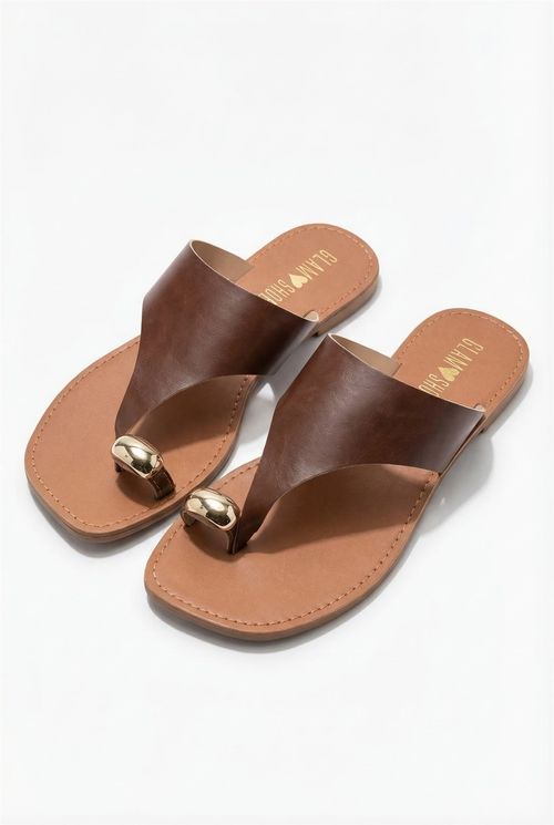 Rasteira Feminina Asa Delta Marrom Detalhe Dourado