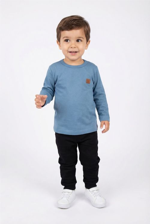 Blusa Manga Longa Básica Infantil Menino Azul Médio Aplique