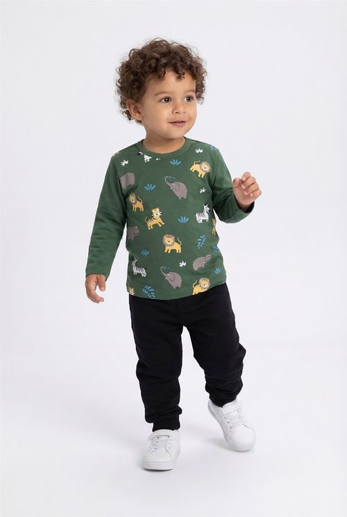 Camiseta Manga Longa Infantil Menino Verde Escuro Bichos Selva