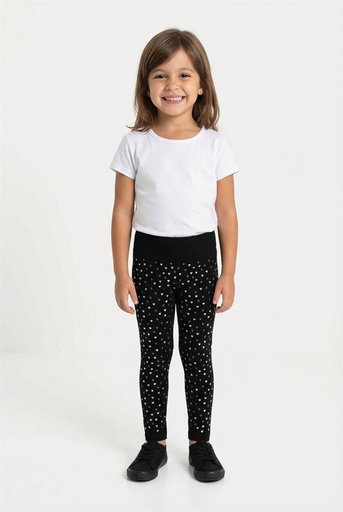 Legging Infantil Menina Preta Corações Prateados Foil