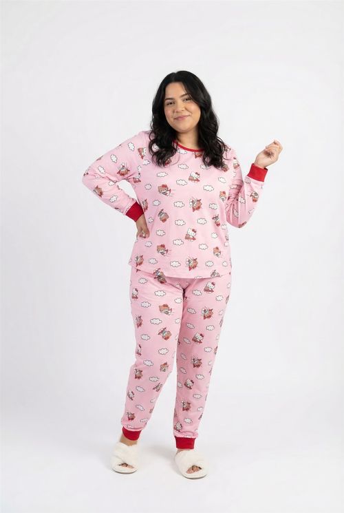 Pijama Feminino Rosa Hello Kitty e Nuvens