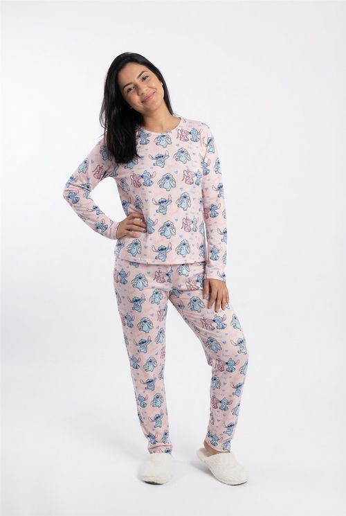 Conjunto Pijama Feminino Velour Rosa Estampa Stitch e Angel