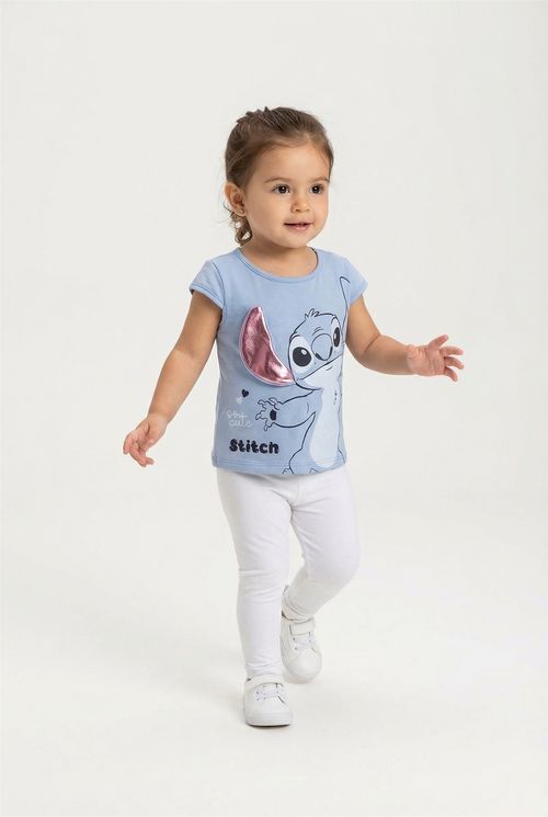Blusa Infantil Menina Azul Claro Stitch Orelha Rosa Metálica