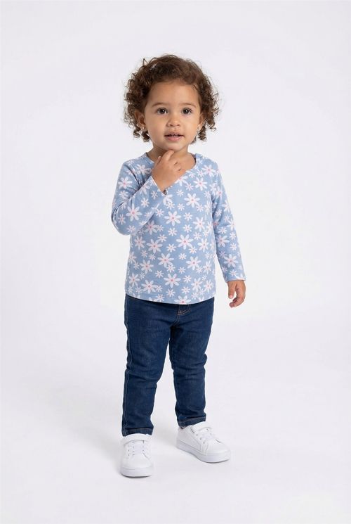 Blusa Manga Longa Infantil Menina Azul Claro Floral