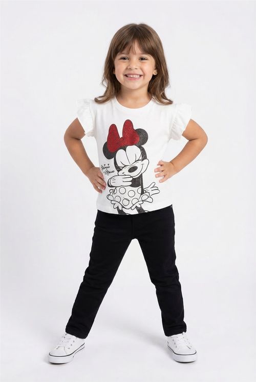 Blusa Infantil Menina Off White Minnie Flocada