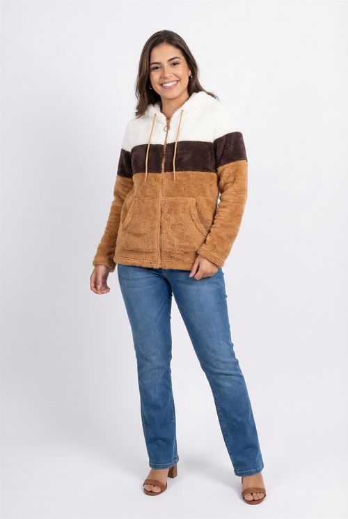 Moletom Sherpa Feminino Caramelo Listrado Tricolor