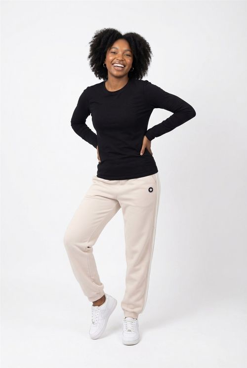 Calça Jogger Feminina Bege Nude com Faixas Laterais